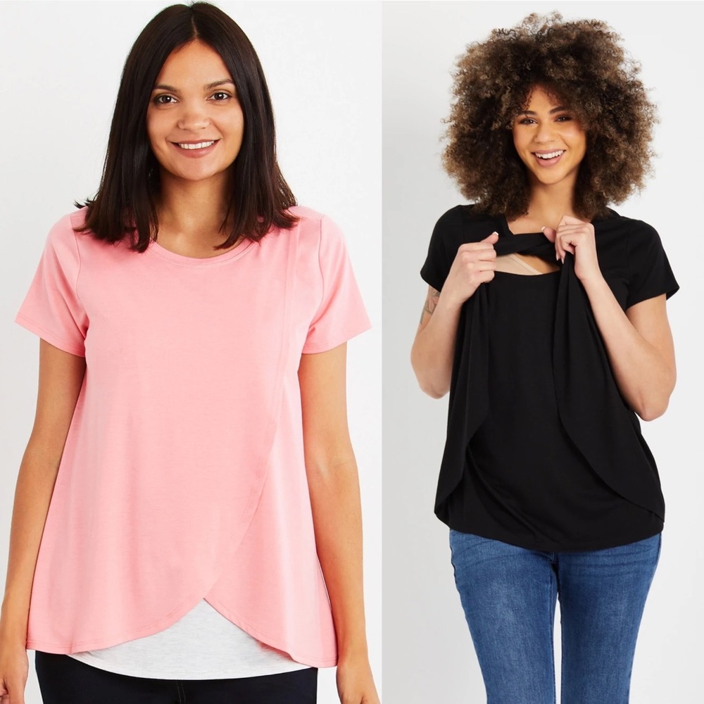 Motherhood Tulip Hem Short Sleeve Nursing Top (2) - Size L - Coral & Black